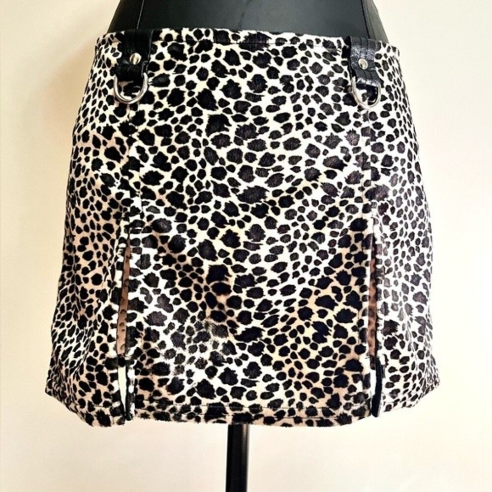 Vintage Y2K Lip Service Leopard Mini Skirt with Front Slits & D Rings SZ Medium